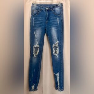 Girls Distressed Skinny Jeans Size L Mid Rise Stretch Denim